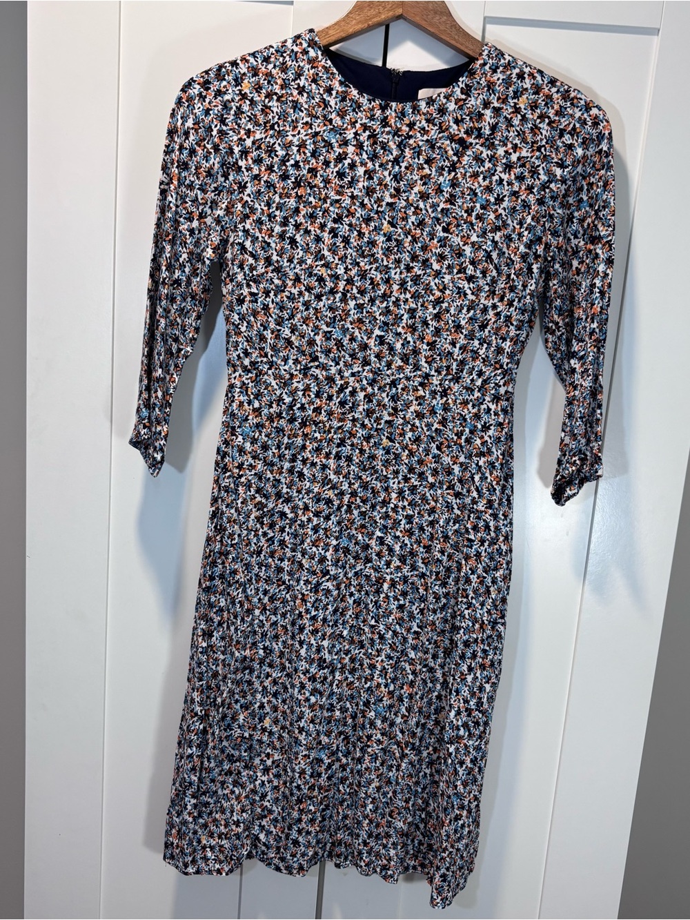LOFT Petite 2P Micro Floral Fit Flare Dress 3/4 Sleeve Blue Orange Rayon